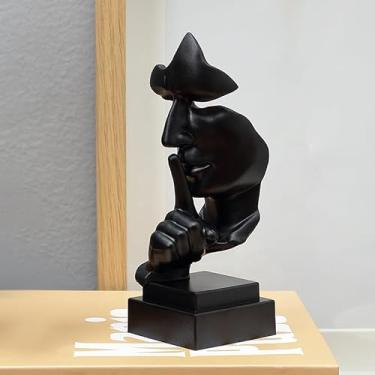 Imagem de 1 estátua de plástico Thinker, estatueta de arte abstrata Silence is Gold, estatuetas colecionáveis para estante de livros de escritório em casa, decoração de mesa (preto)