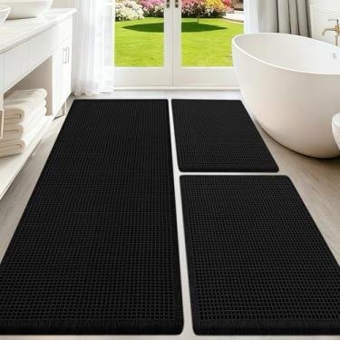Imagem de Conjunto de tapetes de banheiro de waffle atualizados, 3 peças, preto, super absorvente, antiderrapante, secagem rápida, tapetes de banheiro com borlas, laváveis à máquina, ultramacios, tapetes para