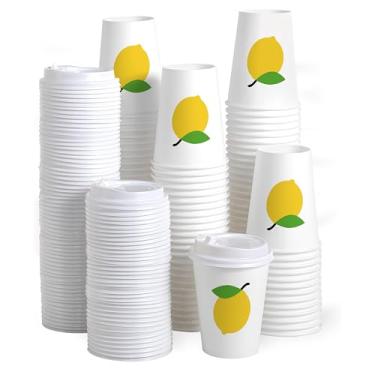 Imagem de Whaline 50 peças de xícara de café descartável de verão com tampa 473 ml copo de papel limão branco copos para café loja cappuccino chocolate bebida cacau