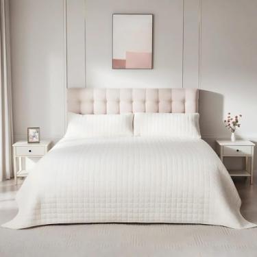 Imagem de WSOFRLAC Conjunto de colcha tamanho king, conjunto de edredom de veludo luxuoso com fronhas, colcha macia e leve para todas as estações, branco creme