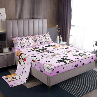 Imagem de Manfei Jogo de lençol solteiro com desenho animado, animais de estimação, animais de estimação, crianças, adolescentes, amarelo claro, com 1 lençol de cima e 1 lençol com elástico e 1 fronha