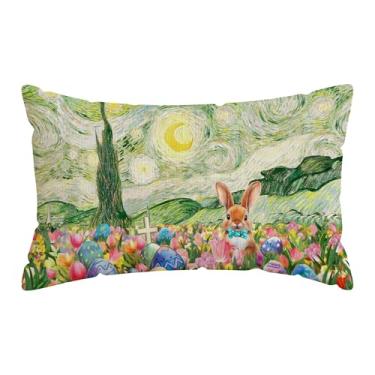 Imagem de ZAEW Ovos, flores, coelhinho, Van Gogh, pintura a óleo, céu estrelado, noite, lua, Páscoa, lombar, fronha, decoração para casa de fazenda, sofá, sofá, capa de almofada, decoração de festas, feriados