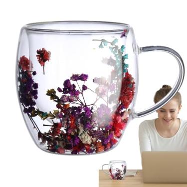 Imagem de Canecas de café de vidro com isolamento,Caneca de café com isolamento de vidro - Caneca de café estética transparente com flores secas,Copo de vidro resistente ao calor com alça, copos de chá de gran