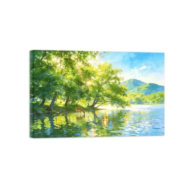 Imagem de BMZFYBS Impressão em tela de paisagem de arte de parede - Forest Lake Deer - Pintura de decoração - Imagens para sala de estar pronta para pendurar tela emoldurada 50 x 75 cm 20 x 30 pol