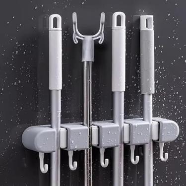 Imagem de Suporte para esfregão de vassoura, organizador de ferramentas resistentes para casa, cozinha, garagem, banheiro, com 4 prateleiras e 5 ganchos