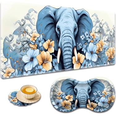 Imagem de Tapete de mouse grande + suporte de pulso + porta-copos de café, almofada de mesa com bordas costuradas, conjunto antiderrapante adequado para trabalho de escritório e casa - elefante azul florido