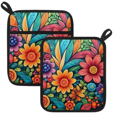 Imagem de Porta-panelas florais boho coloridos para cozinha, 2 peças, almofadas quentes resistentes ao calor para bancadas, suportes de panela de forno de algodão para cozinha, cozinhar, assar