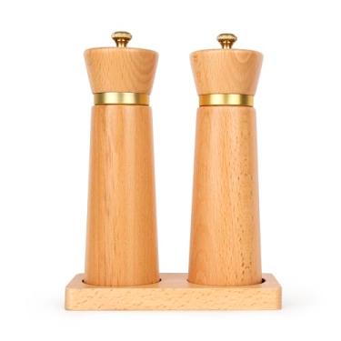 Imagem de Besti Conjunto de moedor de sal e pimenta de madeira com bandeja - Moedores manuais de 18 cm para sal do Himalaia, pimenta, pimenta, temperos - moedor de pimenta e sal reutilizável - Presente elegante