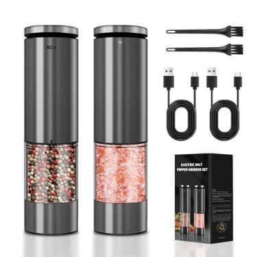 Imagem de Conjunto de moedor elétrico de sal e pimenta, conjunto de moedor automático de sal e pimenta de aço inoxidável de maior capacidade, recarregável, com 5 agitadores ajustáveis de botão superior de aço