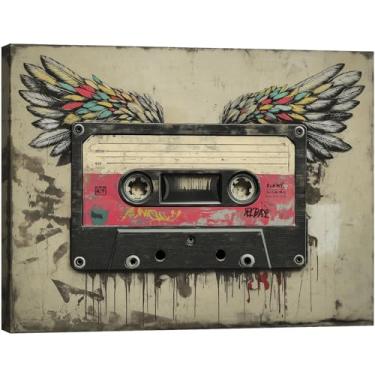 Imagem de Halioyo Arte de parede em tela de fita cassete de grafite, fita de música legal com asas, pôster moderno para decoração de parede para sala de estar quarto dormitório, arte pronta para pendurar - 30,5
