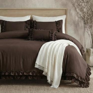 Imagem de Conjunto de capa de edredom marrom escuro elegante com babados King Shabby Chic Lace Ruffle Boho decoração de quarto vintage estilo boho capa de edredom chocolate com fronhas