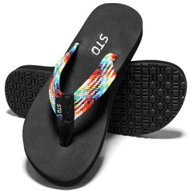 Imagem de STQ Chinelo feminino de secagem rápida com sola de tapete de ioga, sandálias de dedo com suporte de arco, Arco-íris trançado, 36