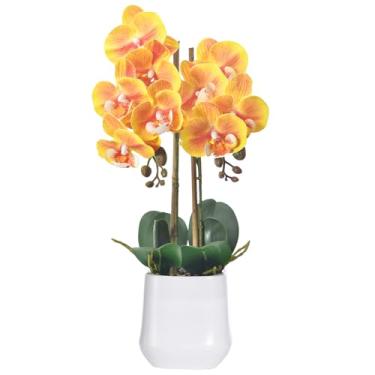 Imagem de WishTip Orquídeas artificial planta em vaso de cerâmica 47 cm orquídea sintética Phalaenopsis arranjo de flores para mesa de escritório em casa, decoração de interiores, laranja