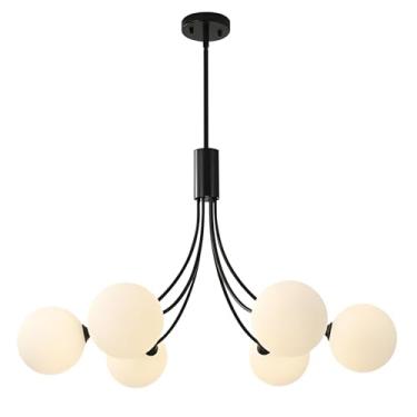 Imagem de Lustre KCO Sputnik Preto, 6 Lâmpadas, Luminária de Teto Sputnik com Pendente de Vidro Leitoso para Sala de Estar, Quarto, Sala de Jantar e Ilha de Cozinha