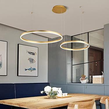 Imagem de Lustre moderno com anel de iluminação, altura ajustável e dimerizável, com controle remoto, ideal para mesa de jantar (dourado, 2 hastes: D40+60cm)