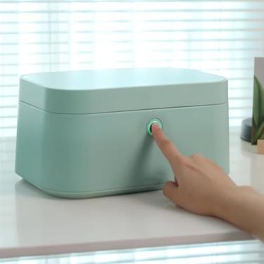 Imagem de Caixa de joias de impressão digital azul premium - Organizador de camada dupla com interior espaçoso para armazenamento seguro de anéis, colares e brincos - Solução de armazenamento elegante e