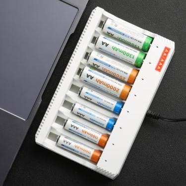 Imagem de Carregador de bateria AA/AAA com compartimentos 8/4/4, adequado para baterias recarregáveis NiMH/NiCd, carregamento rápido USB, slots independentes, carregamento inteligente, estende a vida útil da