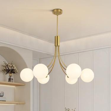Imagem de Lustre Sputnik KCO Modern com 6 Lâmpadas e Cúpula de Vidro Dourada, Luminária de Teto para Sala de Estar, Quarto, Cozinha, Ilha, Sala de Jantar, Escritório e Hall de Entrada.