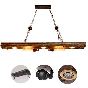 Imagem de Luminária pendente retrô de madeira em formato de castiçal, com trilho de madeira, estilo industrial criativo, lustre com altura ajustável e soquete E27. Ideal para sala de estar, café, bar,