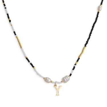 Imagem de Agriajun Gargantilha com inicial de pérolas douradas e pretas e brancas para mulheres e adolescentes, boêmio feito à mão, contas de sementes personalizadas, nome da letra, pequeno colar, praia,