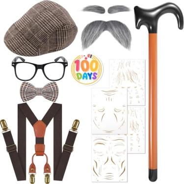 Imagem de Fabllewavi 8 peças fantasia de velho avô – chapéu, suspensórios, gravata borboleta, sobrancelhas, bigodes, óculos, crachá, tatuagem para cosplay, Café, Standard