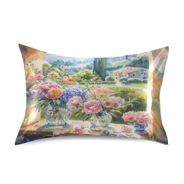 Imagem de xigua Fronha de cetim com pintura em aquarela para cabelo e pele, lavável à máquina, antiderrapante, refrescante, almofada, padrão com fecho de envelope, 51 x 66 cm