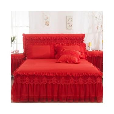 Imagem de Conjunto de cama de renda com babados de princesa chique, 1 colcha de renda com 2 fronhas (vermelho, Queen 180 x 220 cm, 3 peças)