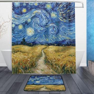 Imagem de Kigai Conjunto de tapetes de cortina de banho com pintura a óleo céu estrelado e campo de arroz 2 peças, conjunto de tema de banheiro (152 x 182 cm) com cortina de chuveiro e tapete antiderrapante -12