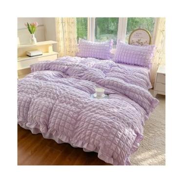 Imagem de Conjunto de cama 3/4 peças Boho Chic Ruffled Seersucker capa de edredom macio e leve fronhas de cama (roxo, saia de cama 1,8 x 2 m, 4 peças)
