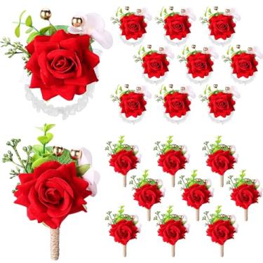 Imagem de Sherr Conjunto de 20 peças de corpete de pulso rosa e flor na lapela para buquês de casamento para buquês de casamento (vermelho brilhante)
