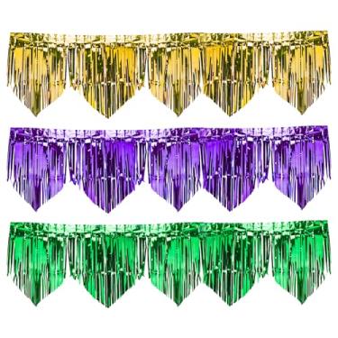 Imagem de Pacote com 3 Flâmulas Mardi Gras com Franja Metálica Franja Tinsel Total de 6 metros Roxo Dourado Verde Brilhante Cortinas para Pendurar na Parede Banners de Saia para Desfile Flutuante Festa Mardi