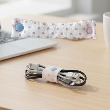 Imagem de Lindas tiras de tecido de bolinhas, organizador de cabos de pano macio reutilizável com botão de pressão, laços de fio estéticos para cabos de carregamento e fones de ouvido