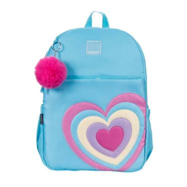 Imagem de Mochila Container Color Hearts, Azul Turquesa com Coração em Relevo, Chaveiro de Pelúcia Rosa, Compartimentos Frontais e Porta Garrafas
