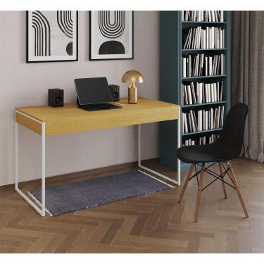 Imagem de Mesa De Escritório Industrial Canela 137X53Cm Base Ferro Branco Com 1 Cadeira Preta