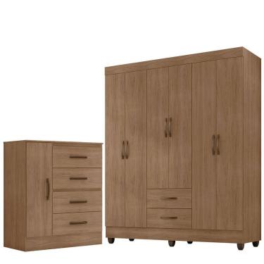 Imagem de Kit Guarda-roupa Casal 6 Portas E Cômoda Sapateira 1 Porta Lisa Carvalho Oak