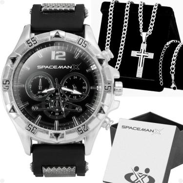 Imagem de Relogio Aço Masculino + Pulseira + Cordão Crucifixo + Caixa Social Pai Nosso Original Religioso