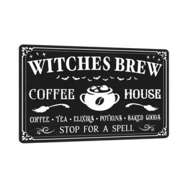 Imagem de Placa Vintage De Metal Para Cafeteria Com Tema De Café Da Bruxa Assust