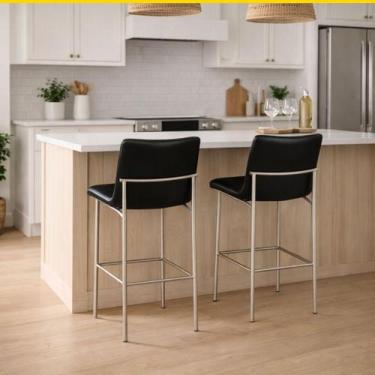 Imagem de Conjunto 2 Banquetas Alta Lisa Estofada cor Preto Pé Aço Champanhe - P