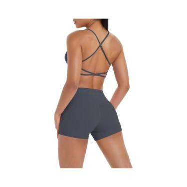 Imagem de Conjunto De Yoga Feminino De Cintura Alta Com Top Halter E Shorts De T