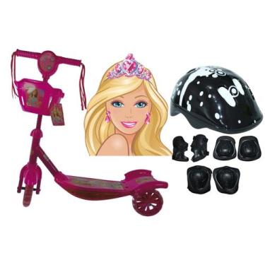 Imagem de Patinete Infantil 03 Rodas Barbie Com Cesta E Kit Capacete - SAMBA TOY