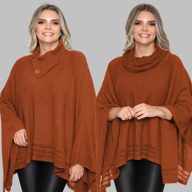 Imagem de Kit 2 Poncho Feminino Tricot Mousse Liso Gola Alta Casaco Lã - Rosilen