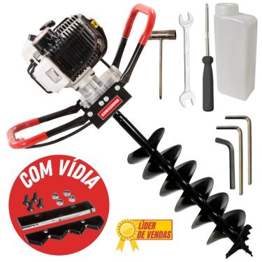 Imagem de Perfurador de Solo Kawashima ED52EBD á Gasolina 2 Tempos 52cc e Broca 80x20cm de Duplo Espiral e Lâmina de Vídia Ideal Para Uso em Plantio de Mudas