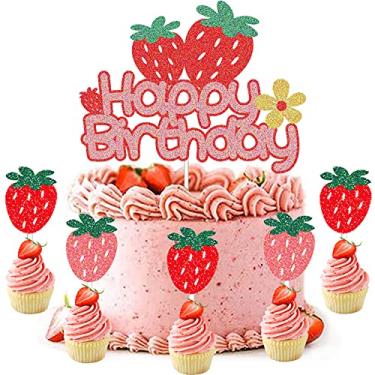Imagem de CODOMOR Glitter Strawberry Birthday Cake Decorations, Baby Shower Strawberry Cake Topper for Kids 1st Birthday Party Decorations, Birthday Party Summer Fruit Themed Party Food Picks Supplies