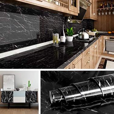 Imagem de Livelynine Papel de parede de mármore preto para bancadas de cozinha, papel de contato preto para bancadas, à prova d'água, capa de mesa, à prova de óleo, adesivos de cozinha 40 x 200 cm