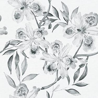 Imagem de ReWallpaper Papel de parede floral cinza e branco adesivo mural neutro flor íris papel de contato para gavetas armários mesa 44,5 x 3 m papel de parede de fazenda cinza removível para banheiro quarto cozinha