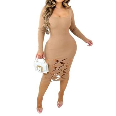 Imagem de Fastkoala Vestido feminino sexy com decote em V canelado colado ao corpo vazado manga longa slim fit midi vestidos de festa noturna, Caqui, GG