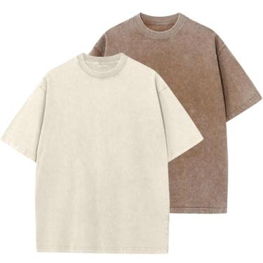 Imagem de Camisetas masculinas de algodão grandes folgadas vintage lavadas unissex manga curta camisetas casuais, Bege + areia, G