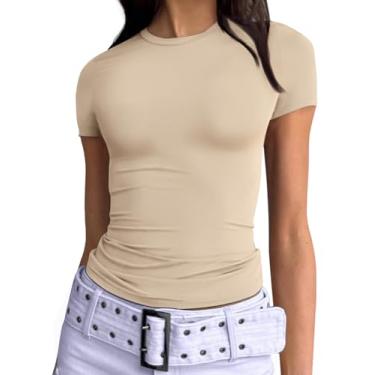 Imagem de Trendy Queen Camisetas femininas básicas de gola redonda manga curta tops bonitos de verão camisetas slim fit roupas Y2k 2024, Bege, GG