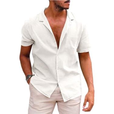 Imagem de Camisetas masculinas de linho casual manga curta abotoadas verão praia camisetas modernas, Branco, GG