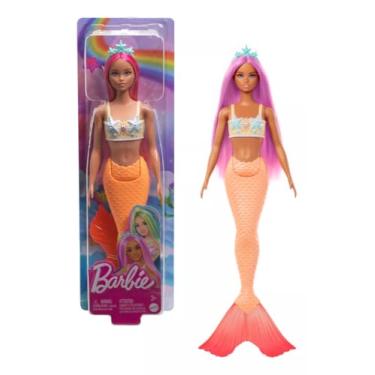 Imagem de Boneca Barbie Fantasia Sereia Odile Morena Cabelo Rosa Cauda Laranja - Mattel